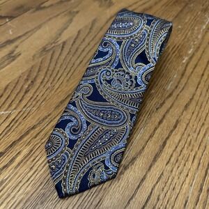 Paul Fredrick Paisley Navy Tie With Gold Brown Silk 63"